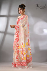 Offwhite with red lata soft muslin handloom dhakai jamdani saree