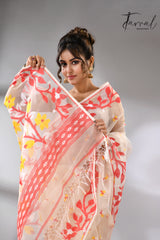 Offwhite with red lata soft muslin handloom dhakai jamdani saree - Tamal Boutique