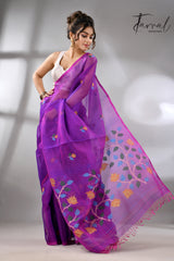 Purple with multicolour muslin silk handwoven floral buta jamdani saree