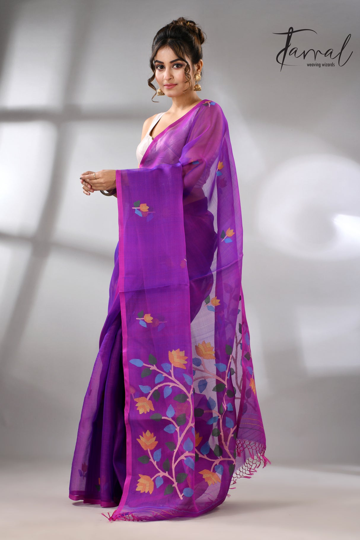 Purple with multicolour muslin silk handwoven floral buta jamdani saree