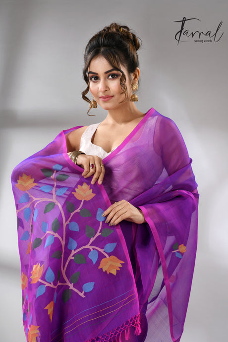 Purple with multicolour muslin silk handwoven floral buta jamdani saree