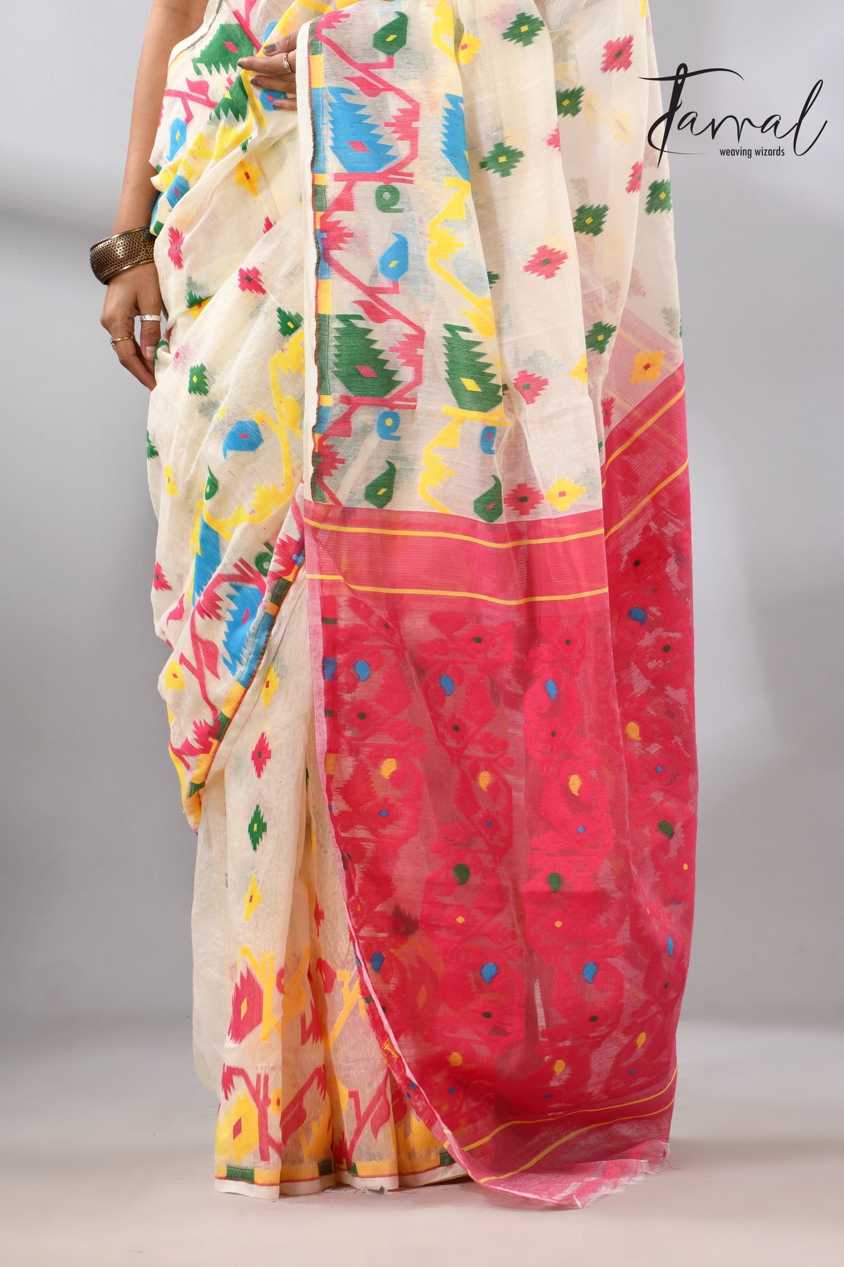 Offwhite with multi colour soft handloom dhakai jamdani saree