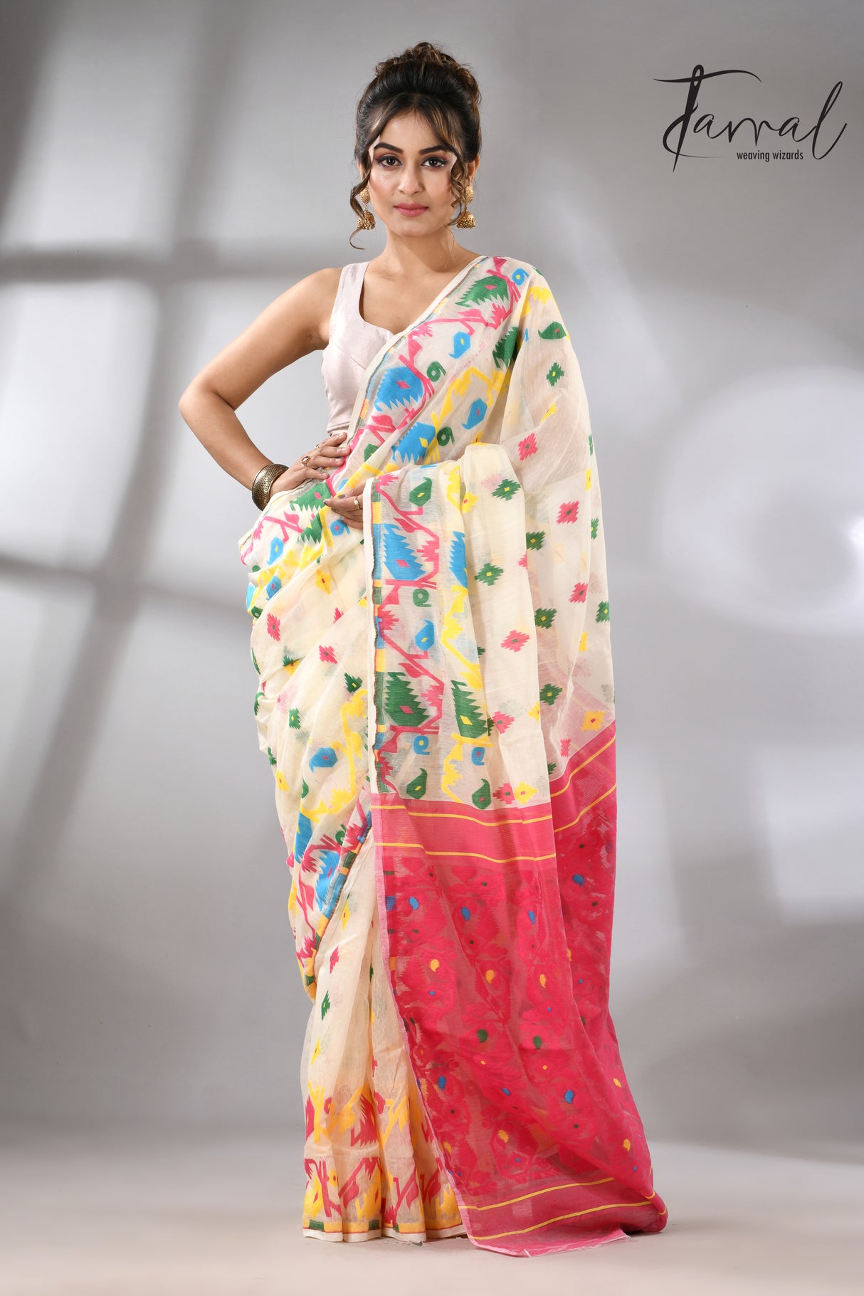 Offwhite with multi colour soft handloom dhakai jamdani saree