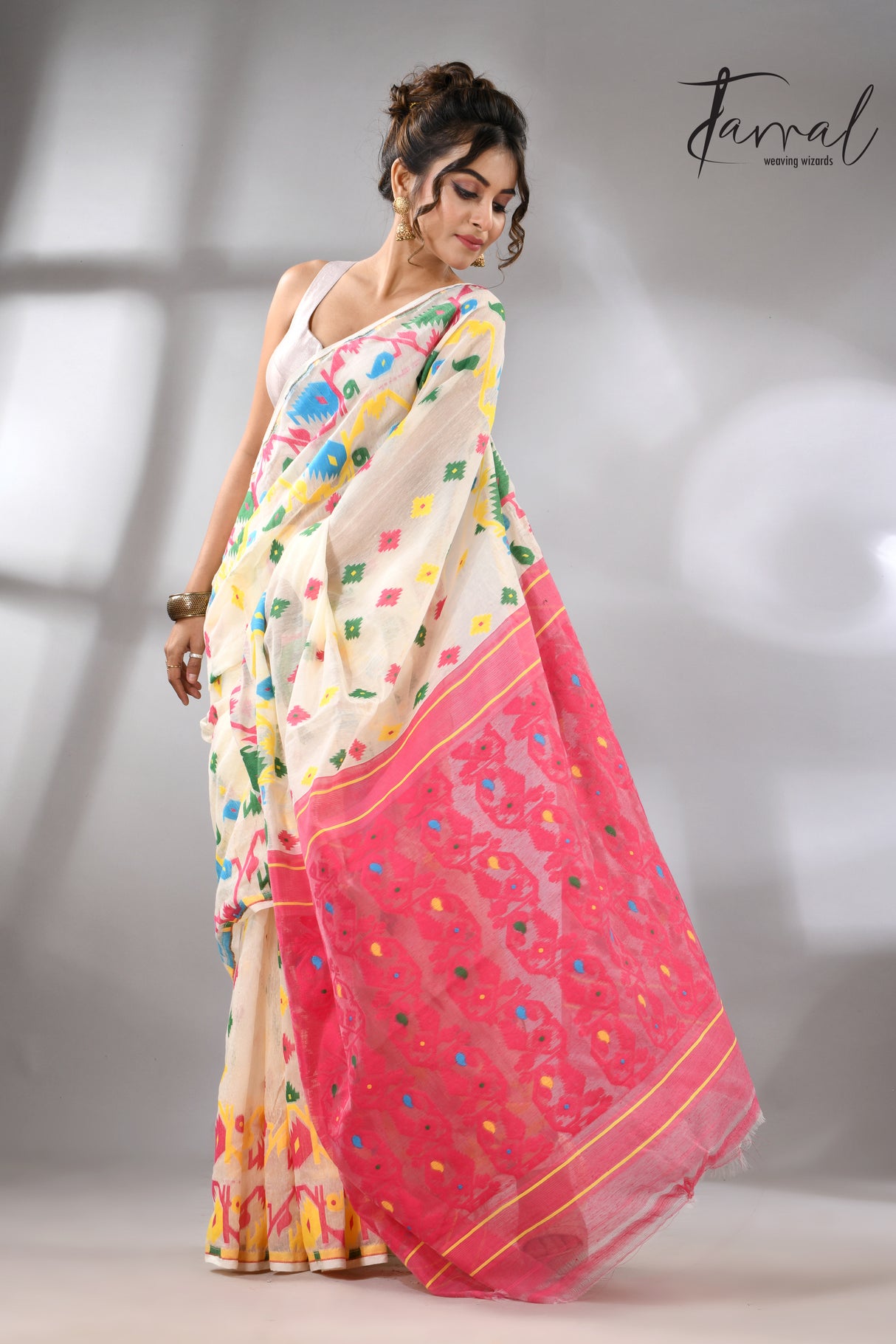 Offwhite with multi colour soft handloom dhakai jamdani saree