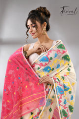 Offwhite with multi colour soft handloom dhakai jamdani saree