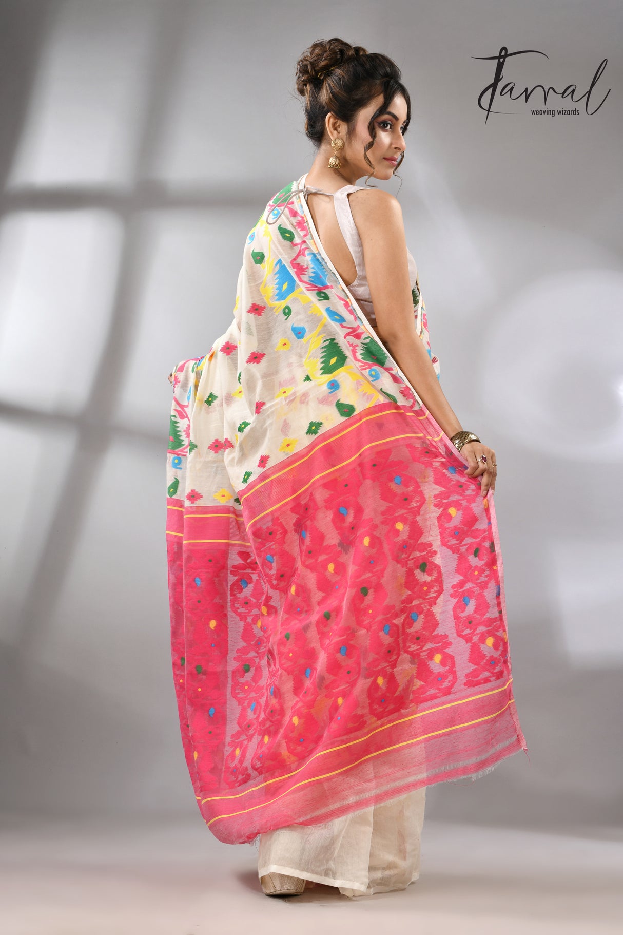 Offwhite with multi colour soft handloom dhakai jamdani saree