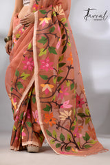 Deep peach with multicolour floral border allover handwoven muslin silk jamdani saree