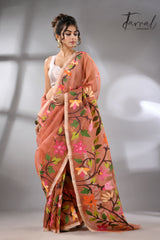 Deep peach with multicolour floral border allover handwoven muslin silk jamdani saree