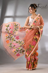 Deep peach with multicolour floral border allover handwoven muslin silk jamdani saree