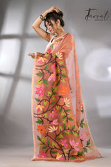 Deep peach with multicolour floral border allover handwoven muslin silk jamdani saree