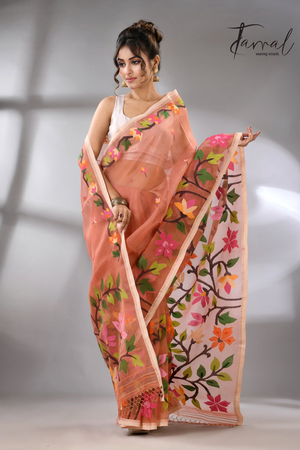 Deep peach with multicolour floral border allover handwoven muslin silk jamdani saree