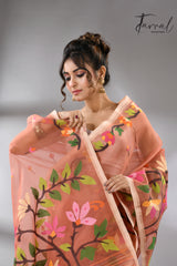 Deep peach with multicolour floral border allover handwoven muslin silk jamdani saree