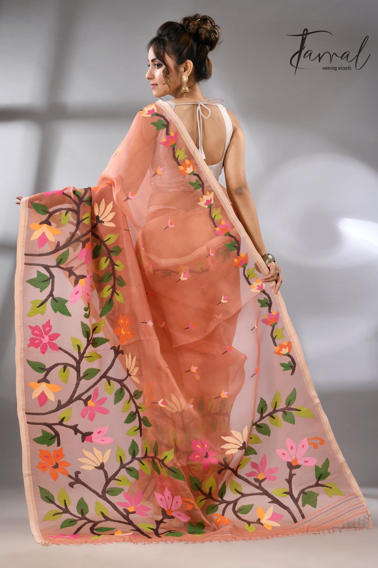 Deep peach with multicolour floral border allover handwoven muslin silk jamdani saree