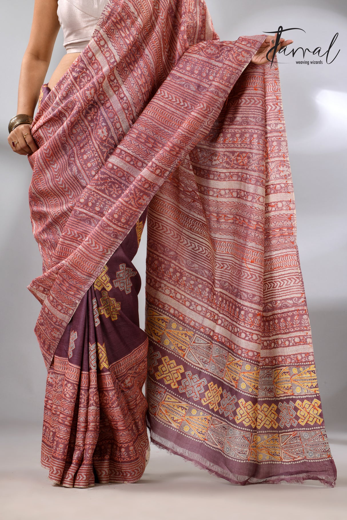 Light with dark brown pure Tussar batik silk with Kantha stitch handcrafted saree