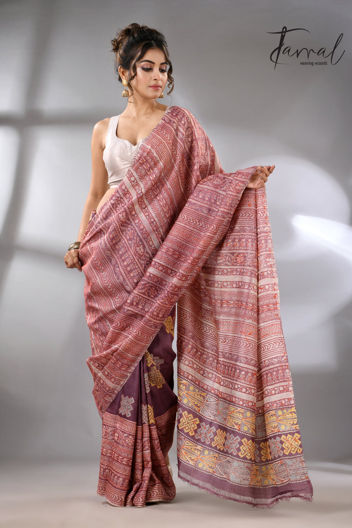 Light with dark brown pure Tussar batik silk with Kantha stitch handcrafted saree