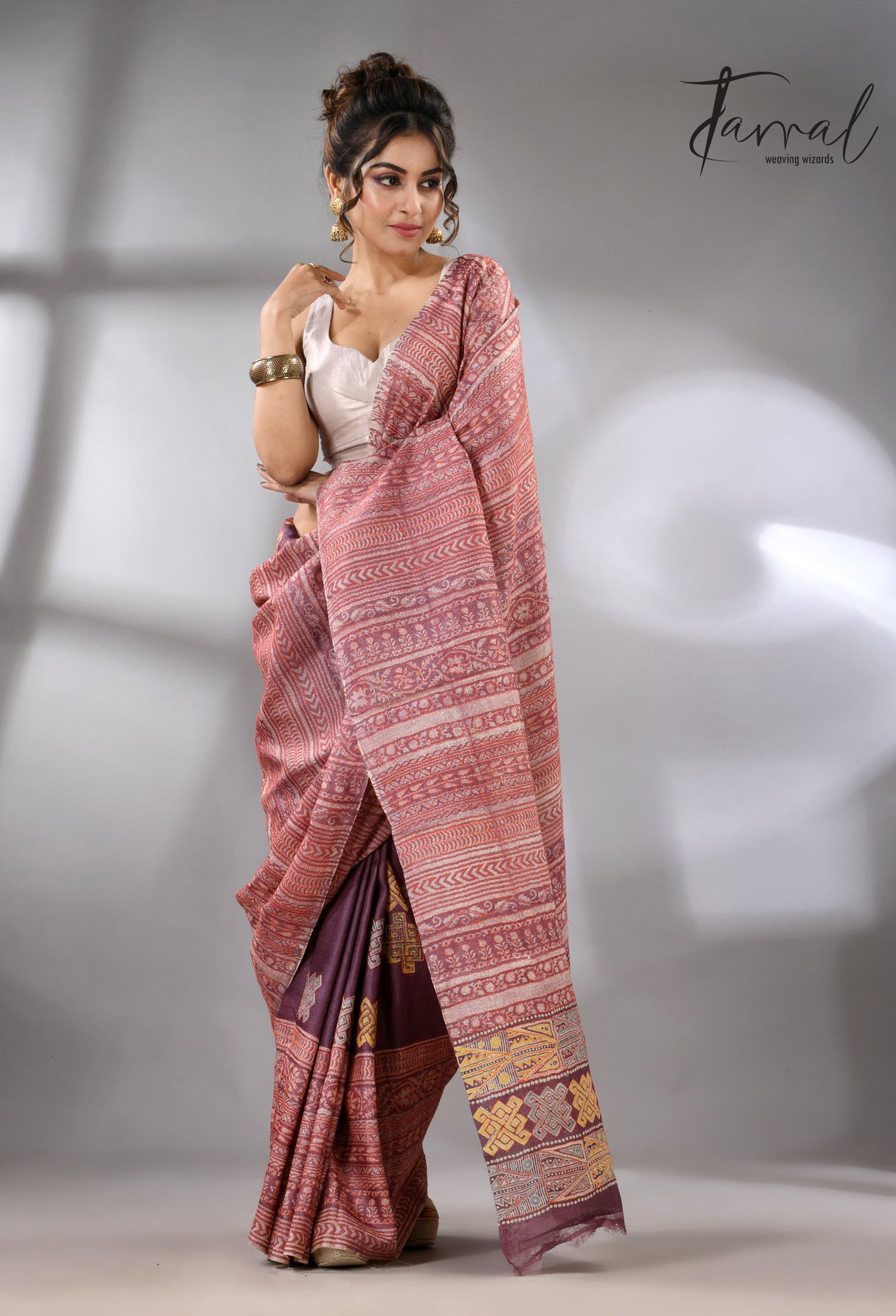 Light with dark brown pure Tussar batik silk with Kantha stitch handcrafted saree