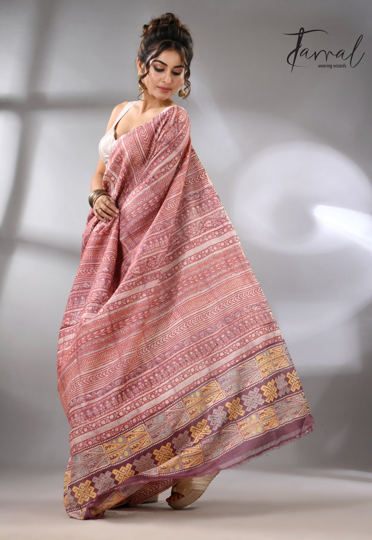 Light with dark brown pure Tussar batik silk with Kantha stitch handcrafted saree