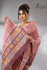 Light with dark brown pure Tussar batik silk with Kantha stitch handcrafted saree