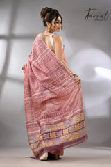 Light with dark brown pure Tussar batik silk with Kantha stitch handcrafted saree