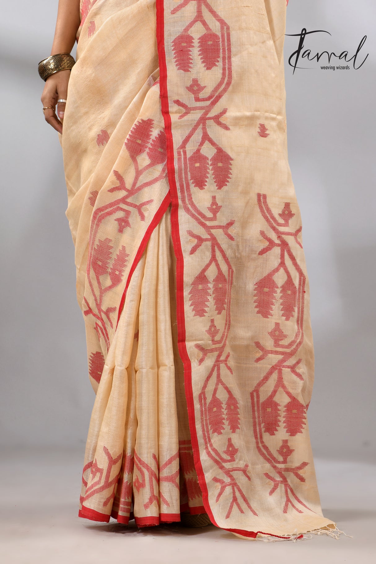 Muga with red border Tussar silk handwoven needle work jamdani saree