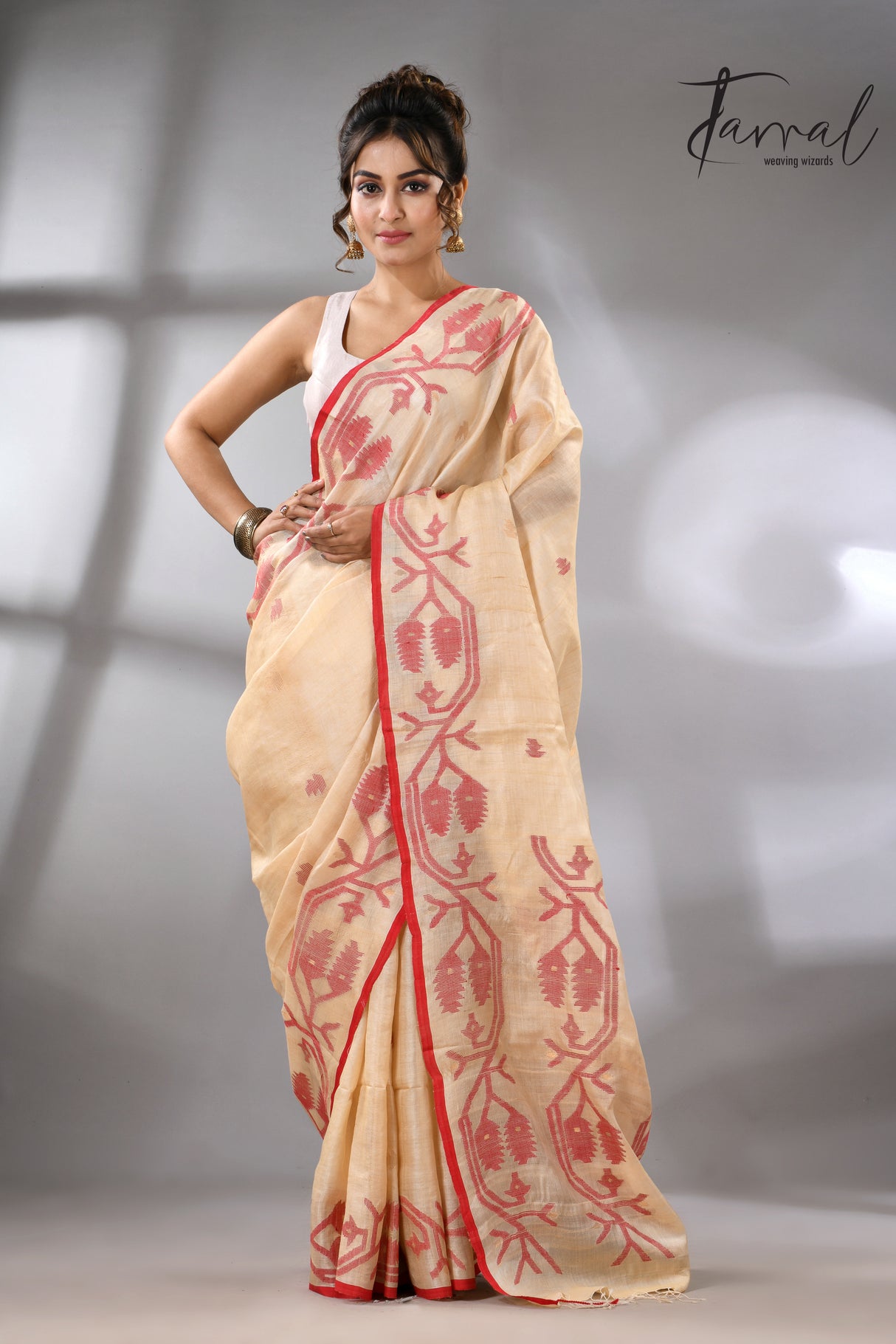 Muga with red border Tussar silk handwoven needle work jamdani saree