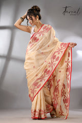 Muga with red border Tussar silk handwoven needle work jamdani saree