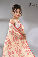 Muga with red border Tussar silk handwoven needle work jamdani saree