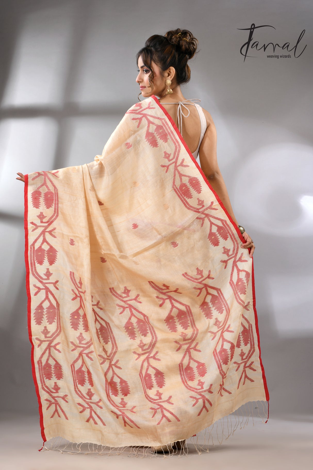 Muga with red border Tussar silk handwoven needle work jamdani saree