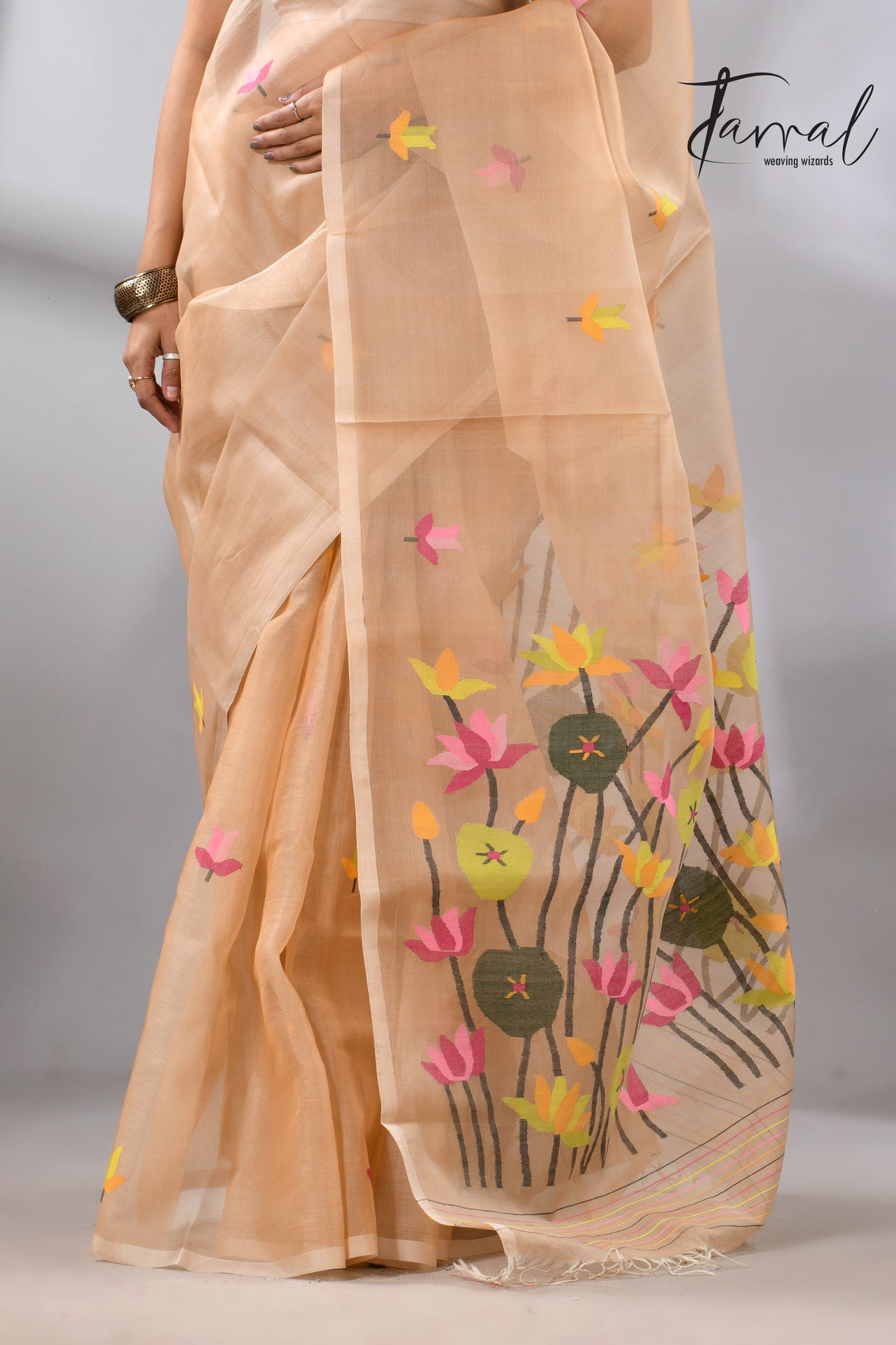 Deep Cream with multi colour lotus handwoven muslin silk jamdani saree