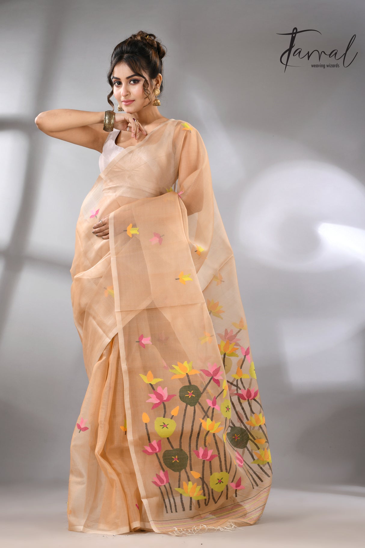 Deep Cream with multi colour lotus handwoven muslin silk jamdani saree