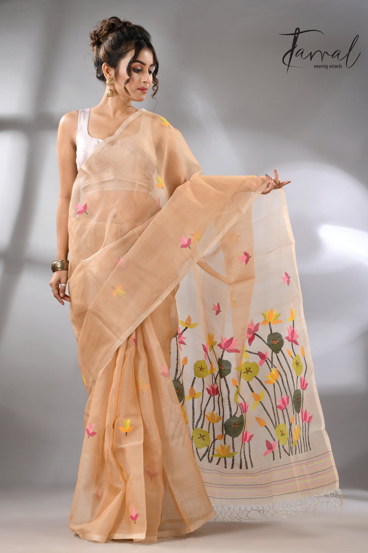 Deep Cream with multi colour lotus handwoven muslin silk jamdani saree