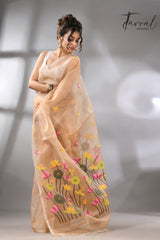 Deep Cream with multi colour lotus handwoven muslin silk jamdani saree