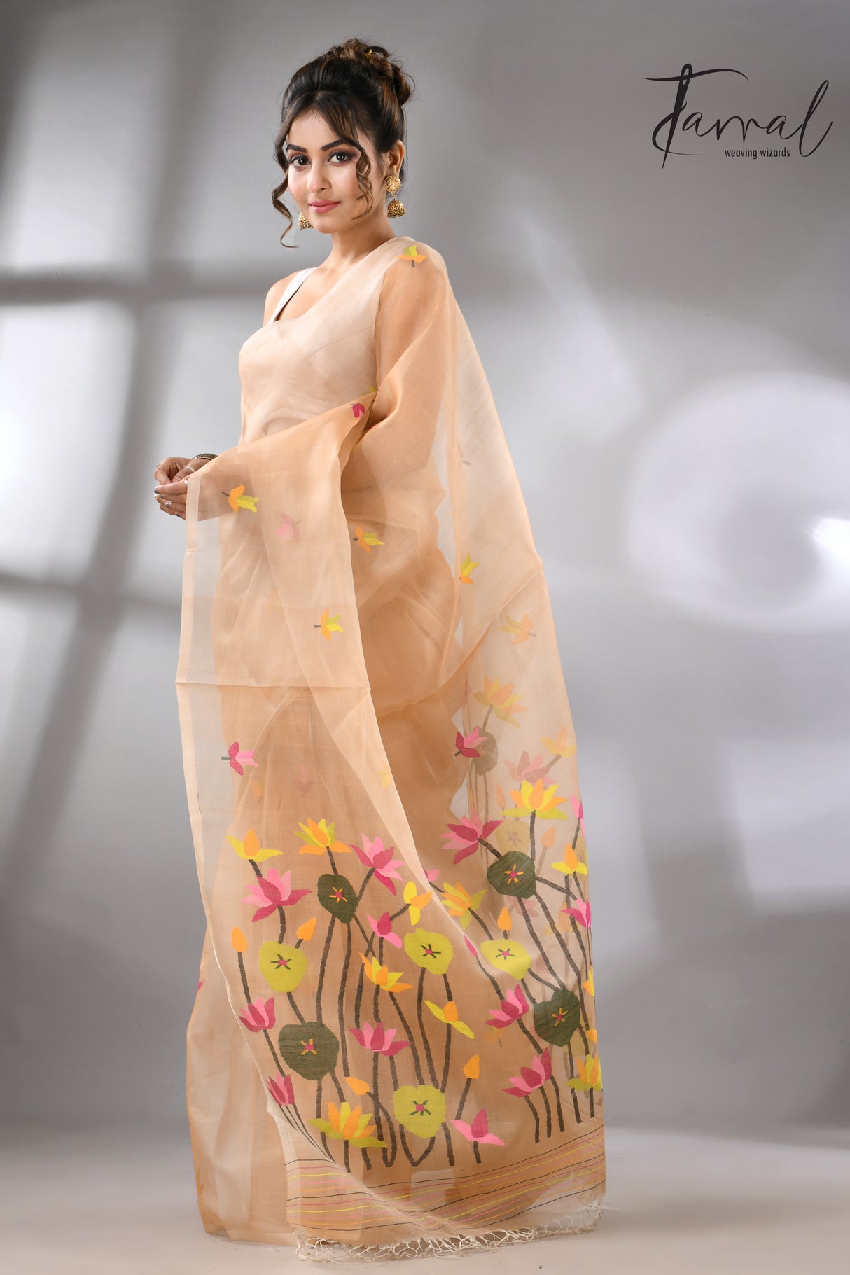 Deep Cream with multi colour lotus handwoven muslin silk jamdani saree