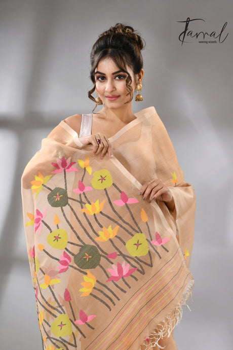 Deep Cream with multi colour lotus handwoven muslin silk jamdani saree