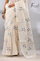 Offwhite with black & white lotus motifs muslin silk handwoven jamdani saree