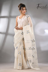 Offwhite with black & white lotus motifs muslin silk handwoven jamdani saree