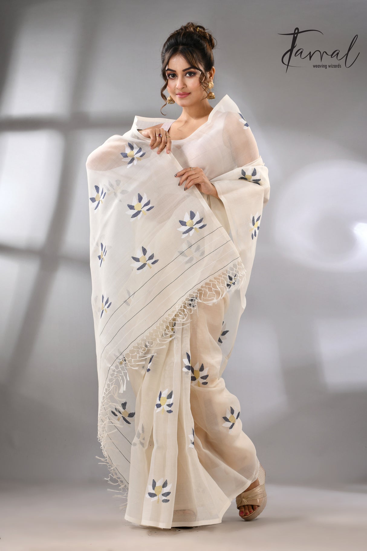 Offwhite with black & white lotus motifs muslin silk handwoven jamdani saree