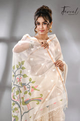 Offwhite with peacock pallu muslin silk handwoven needle work jamdani saree