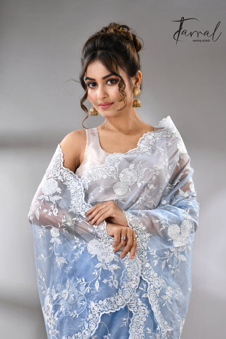 Sky blue organza embroidered handloom saree