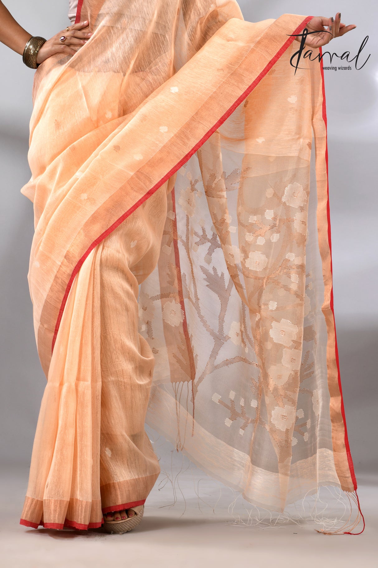 Light peach with red & zari border silk linen handwoven jamdani saree