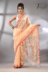 Light peach with red & zari border silk linen handwoven jamdani saree