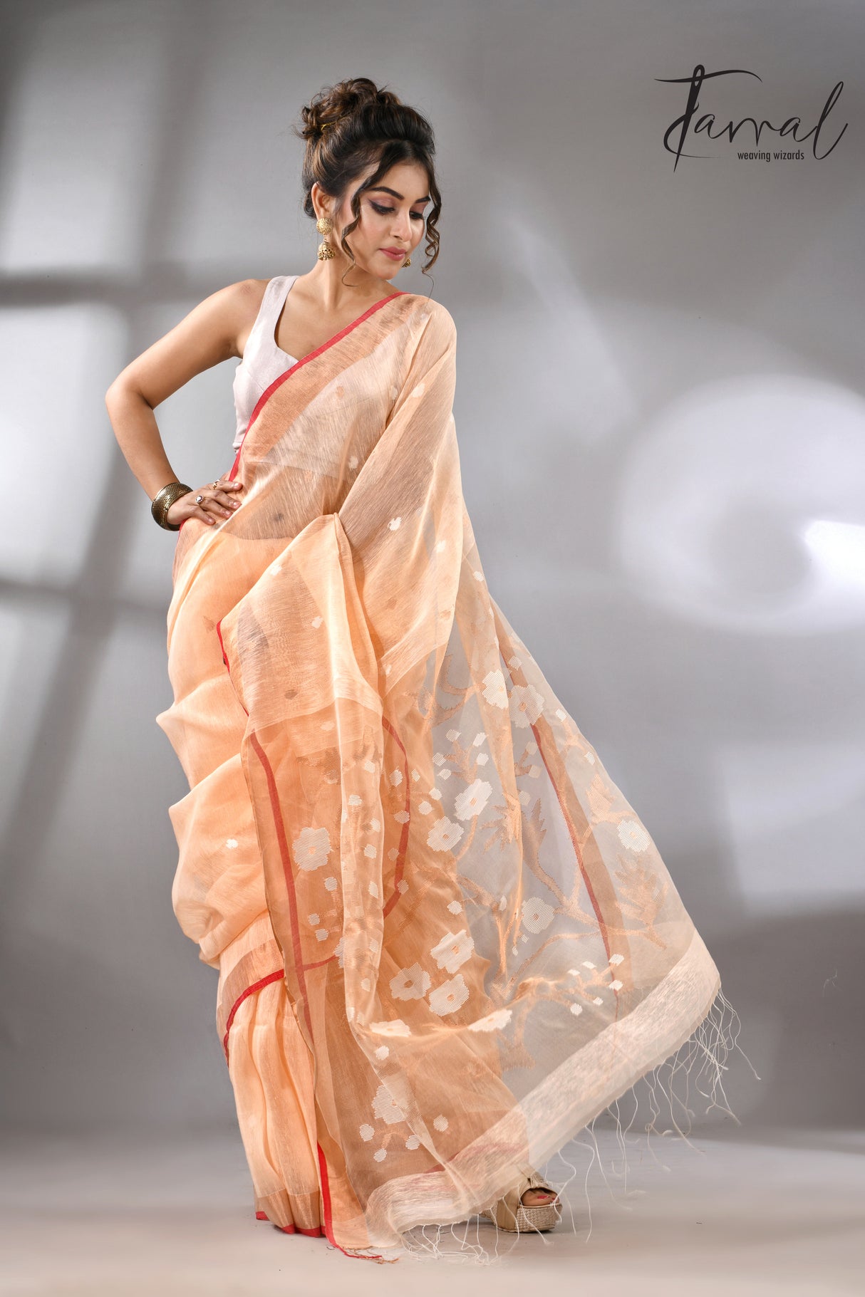 Light peach with red & zari border silk linen handwoven jamdani saree