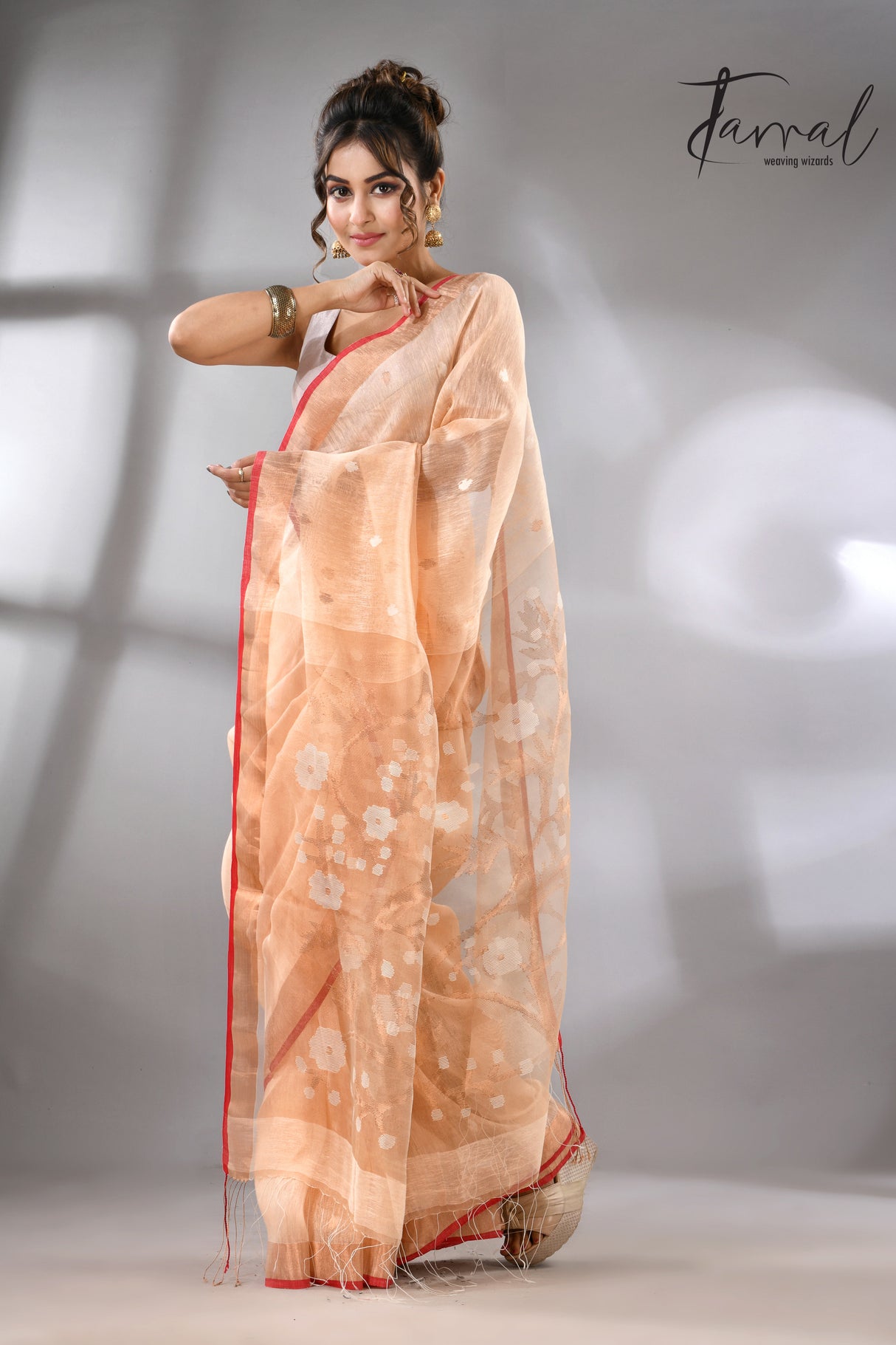 Light peach with red & zari border silk linen handwoven jamdani saree