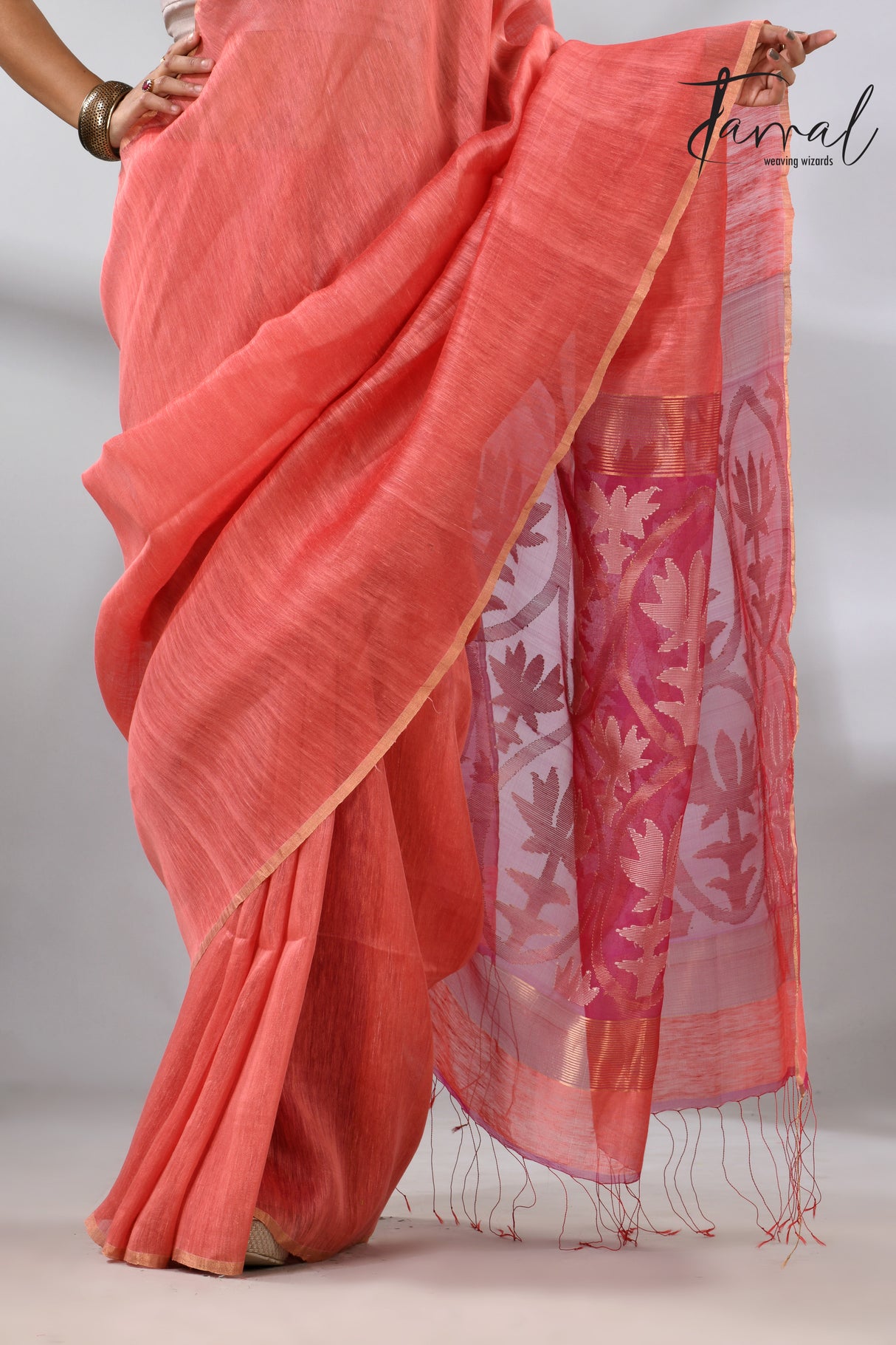 Coral pink lotus silk linen handwoven jamdani saree