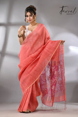 Coral pink lotus silk linen handwoven jamdani saree