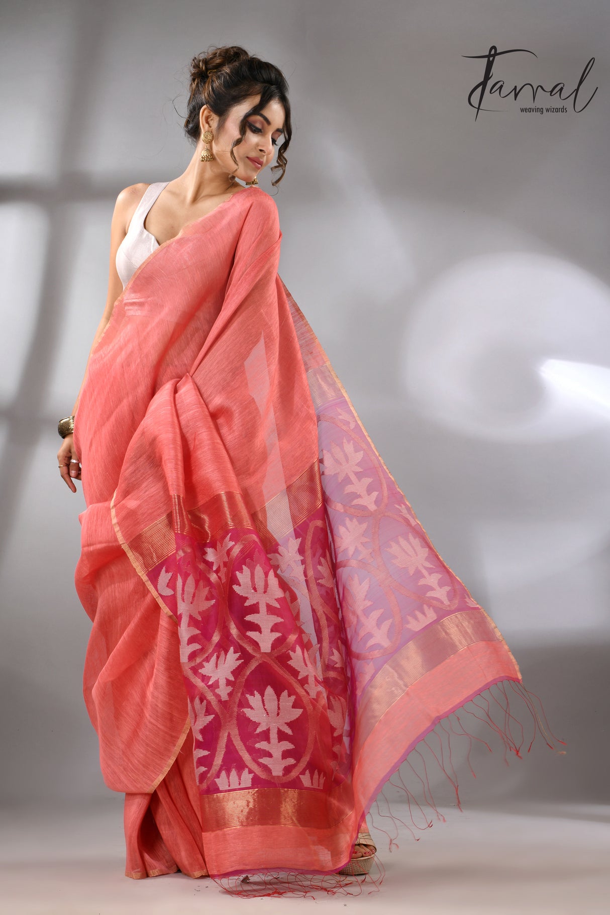 Coral pink lotus silk linen handwoven jamdani saree