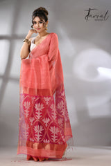 Coral pink lotus silk linen handwoven jamdani saree