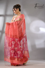 Coral pink lotus silk linen handwoven jamdani saree