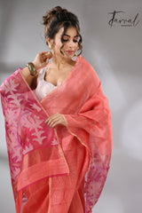 Coral pink lotus silk linen handwoven jamdani saree