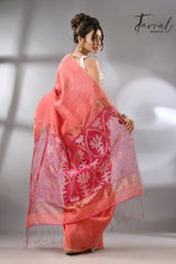 Coral pink lotus silk linen handwoven jamdani saree